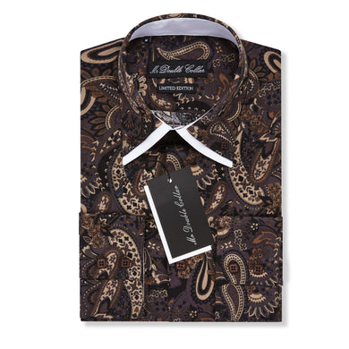 Mens Italian Design Brown Paisley Print Smart Casual Double Collar Longsleeve