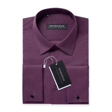 Mens Italian Double Cuff Dark Purple Shirt Slim Fit with Metal Cufflinks Long Sleeve
