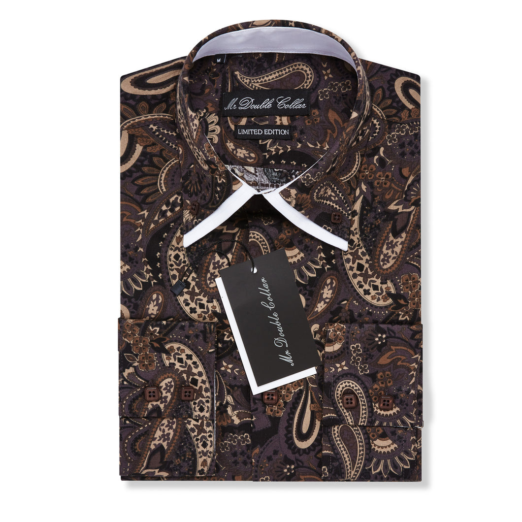 Mens Italian Design Brown Paisley Print Smart Casual Double Collar Longsleeve
