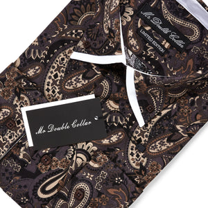 Mens Italian Design Brown Paisley Print Smart Casual Double Collar Longsleeve