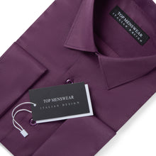 Mens Italian Double Cuff Dark Purple Shirt Slim Fit with Metal Cufflinks Long Sleeve
