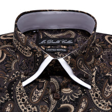 Mens Italian Design Brown Paisley Print Smart Casual Double Collar Longsleeve