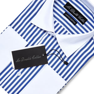 Mens Italian Design Blue Stripe White Cuff Smart Casual Longsleeve