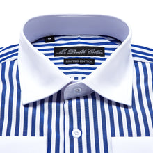 Mens Italian Design Blue Stripe White Cuff Smart Casual Longsleeve
