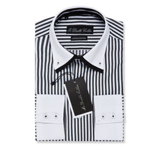 Mens Italian Design Black Pinstripe Smart Casual Double Collar Longsleeve