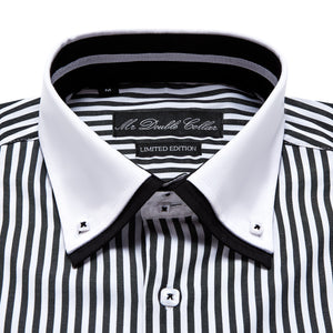 Mens Italian Design Black Pinstripe Smart Casual Double Collar Longsleeve