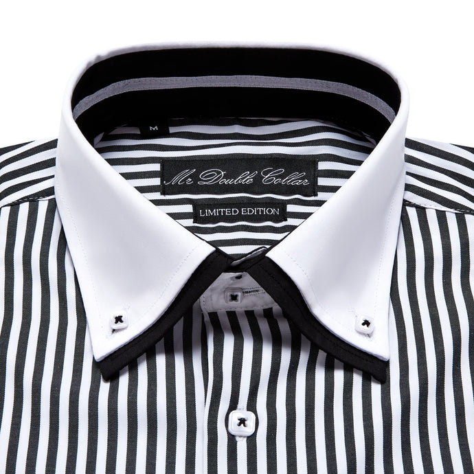 Mens Italian Design Black Pinstripe Smart Casual Double Collar Longsleeve