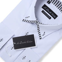Mens Italian Design White with Striped Collar Shirt Smart Casual Double Collar Longsleeve