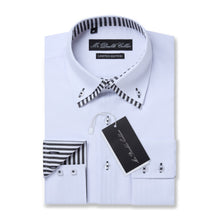 Mens Italian Design White with Striped Collar Shirt Smart Casual Double Collar Longsleeve