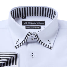 Mens Italian Design White with Striped Collar Shirt Smart Casual Double Collar Longsleeve