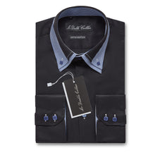 Mens Italian Design Black with Blue Collar Soft Cotton Smart Double Collar Longsleeve