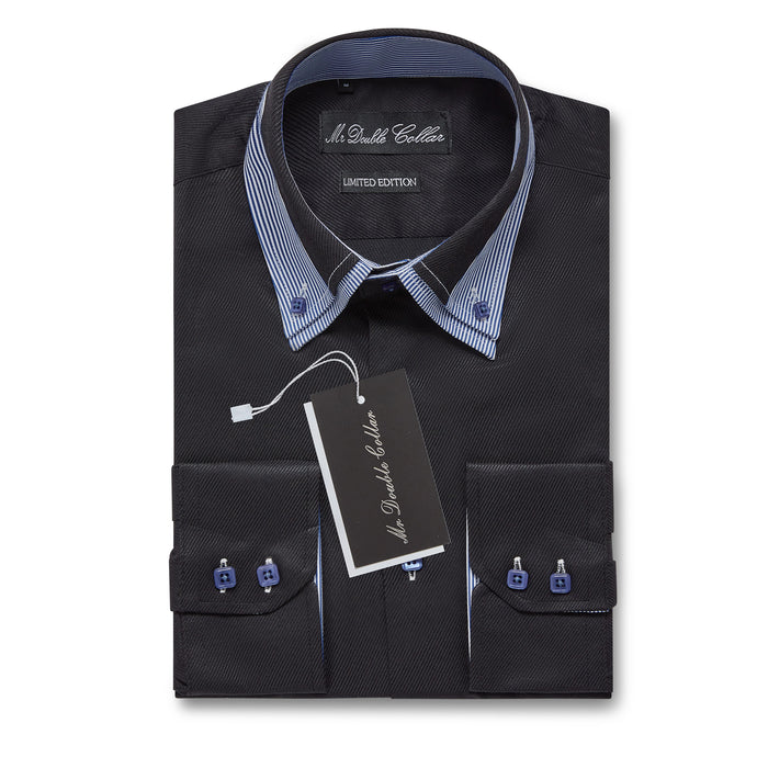 Mens Italian Design Black with Blue Collar Soft Cotton Smart Double Collar Longsleeve