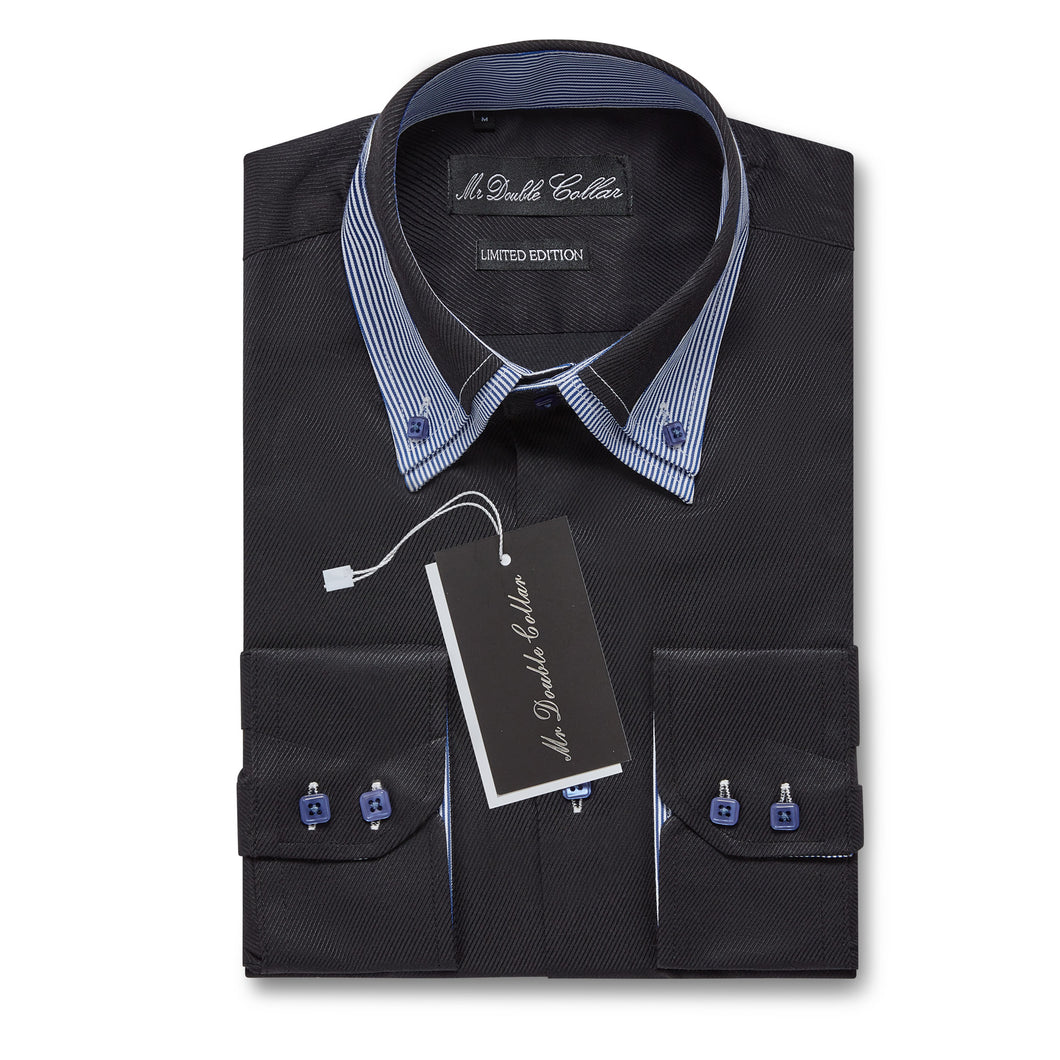 Mens Italian Design Black with Blue Collar Soft Cotton Smart Double Collar Longsleeve
