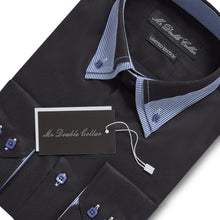 Mens Italian Design Black with Blue Collar Soft Cotton Smart Double Collar Longsleeve