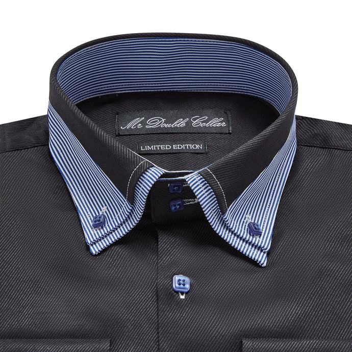 Mens Italian Design Black with Blue Collar Soft Cotton Smart Double Collar Longsleeve