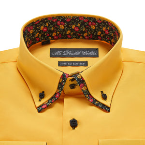 Mens Italian Design Yellow Floral Smart Casual Double Collar Longsleeve Shirt