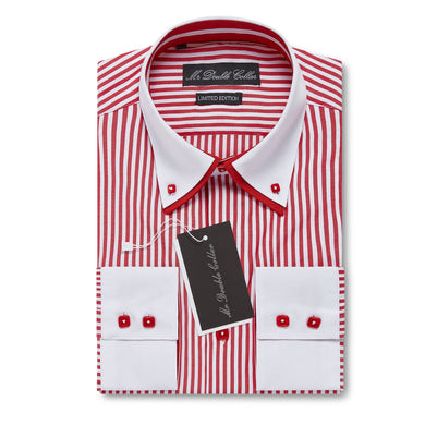 Mens Striking Red & White Pinstripe Shirt Smart Casual Double Collar Longsleeve