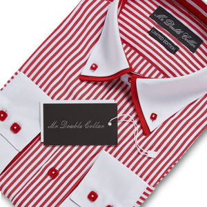 Mens Striking Red & White Pinstripe Shirt Smart Casual Double Collar Longsleeve