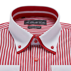 Mens Striking Red & White Pinstripe Shirt Smart Casual Double Collar Longsleeve