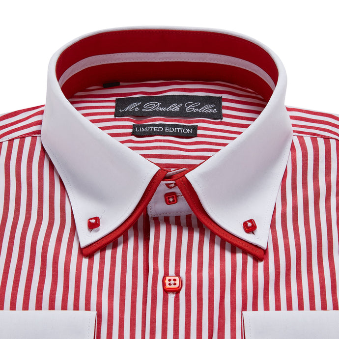 Mens Striking Red & White Pinstripe Shirt Smart Casual Double Collar Longsleeve