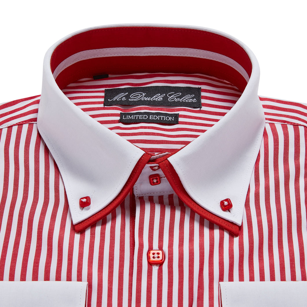 Mens Striking Red & White Pinstripe Shirt Smart Casual Double Collar Longsleeve
