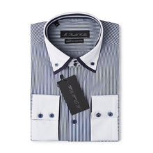 Mens Italian Navy Blue Pinstripe Smart Casual Double Collar Longsleeve