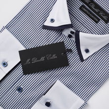 Mens Italian Navy Blue Pinstripe Smart Casual Double Collar Longsleeve