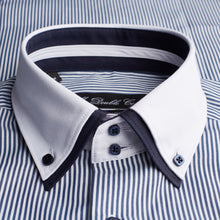 Mens Italian Navy Blue Pinstripe Smart Casual Double Collar Longsleeve