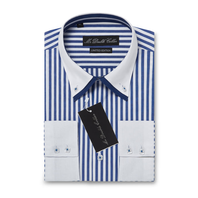Mens Italian Design Blue Pinstripe Smart Casual Double Collar Longsleeve