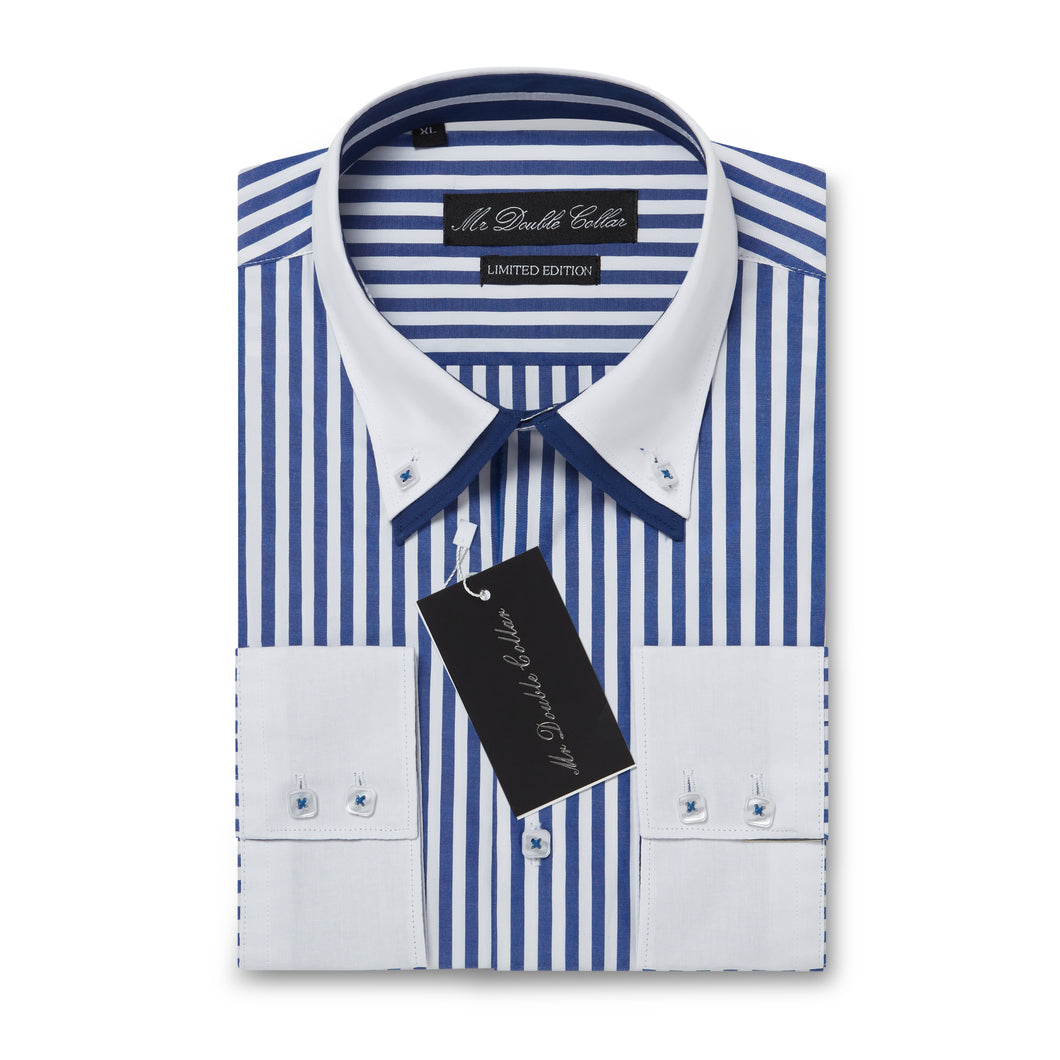 Mens Italian Design Blue Pinstripe Smart Casual Double Collar Longsleeve