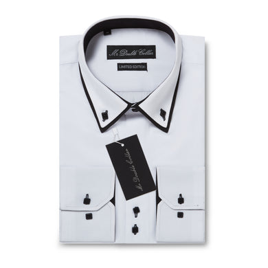 Mens Italian Design White with Black Shirt Smart Casual Double Collar Long-sleeve
