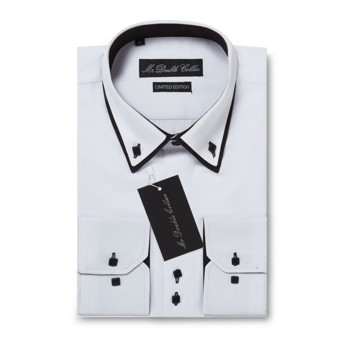 Mens Italian Design White with Black Shirt Smart Casual Double Collar Long-sleeve