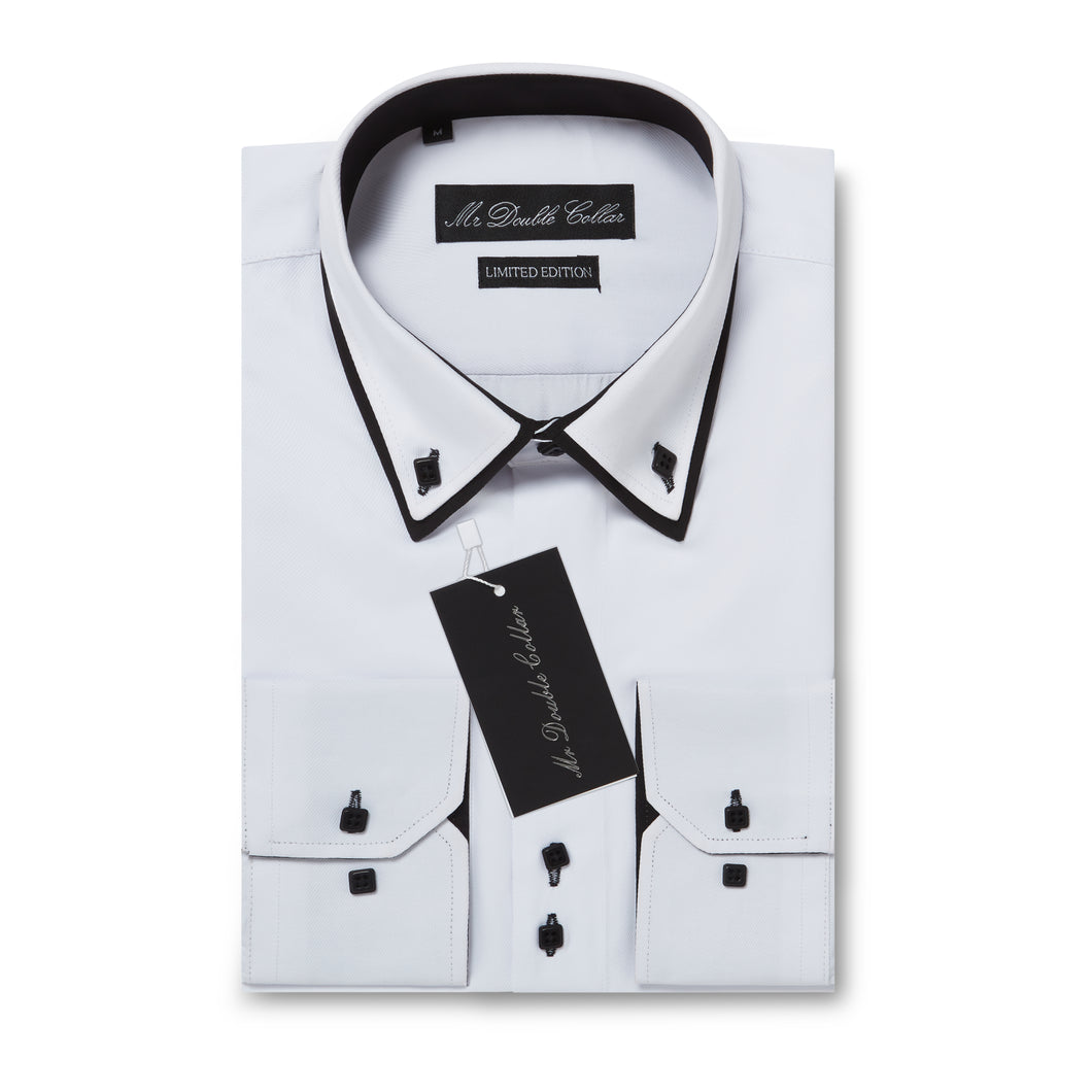 Mens Italian Design White with Black Shirt Smart Casual Double Collar Long-sleeve