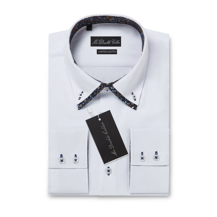 Mens Italian Design White with Brown Floral Shirt Smart Casual Double Collar Long-sleeve