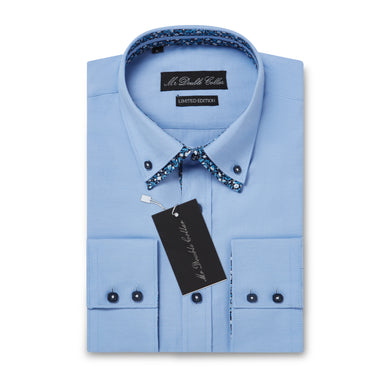 Mens Italian Design Blue Floral Shirt Smart Casual Double Collar Long-sleeve
