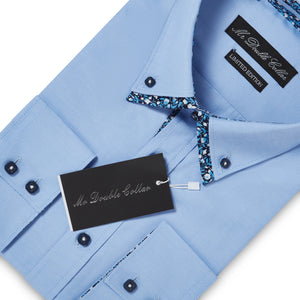 Mens Italian Design Blue Floral Shirt Smart Casual Double Collar Long-sleeve