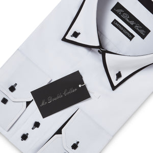 Mens Italian Design White with Black Shirt Smart Casual Double Collar Long-sleeve