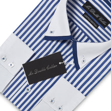 Mens Italian Design Blue Pinstripe Smart Casual Double Collar Longsleeve