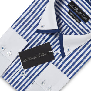 Mens Italian Design Blue Pinstripe Smart Casual Double Collar Longsleeve