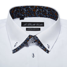 Mens Italian Design White with Brown Floral Shirt Smart Casual Double Collar Long-sleeve