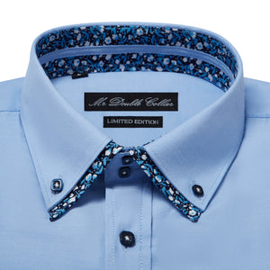 Mens Italian Design Blue Floral Shirt Smart Casual Double Collar Long-sleeve