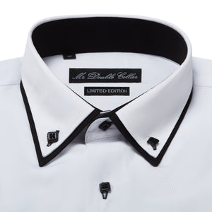 Mens Italian Design White with Black Shirt Smart Casual Double Collar Long-sleeve