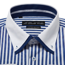 Mens Italian Design Blue Pinstripe Smart Casual Double Collar Longsleeve