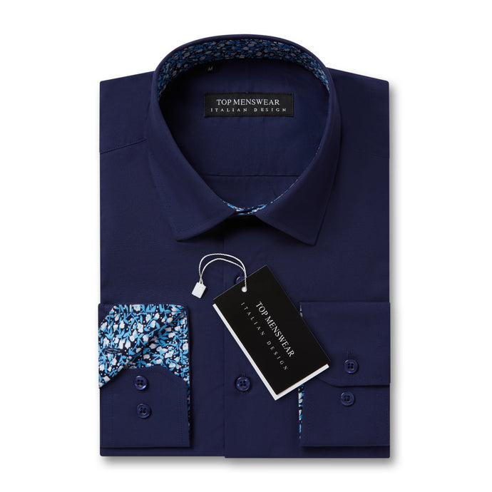 Mens Italian Design Blue Navy Floral Shirt Smart Casual Longsleeve