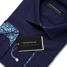 Mens Italian Design Blue Navy Floral Shirt Smart Casual Longsleeve