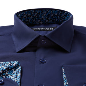 Mens Italian Design Blue Navy Floral Shirt Smart Casual Longsleeve