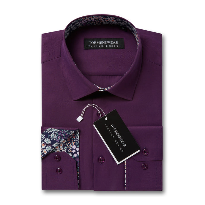 Mens Italian Design Blue Purple Floral Shirt Smart Casual Longsleeve