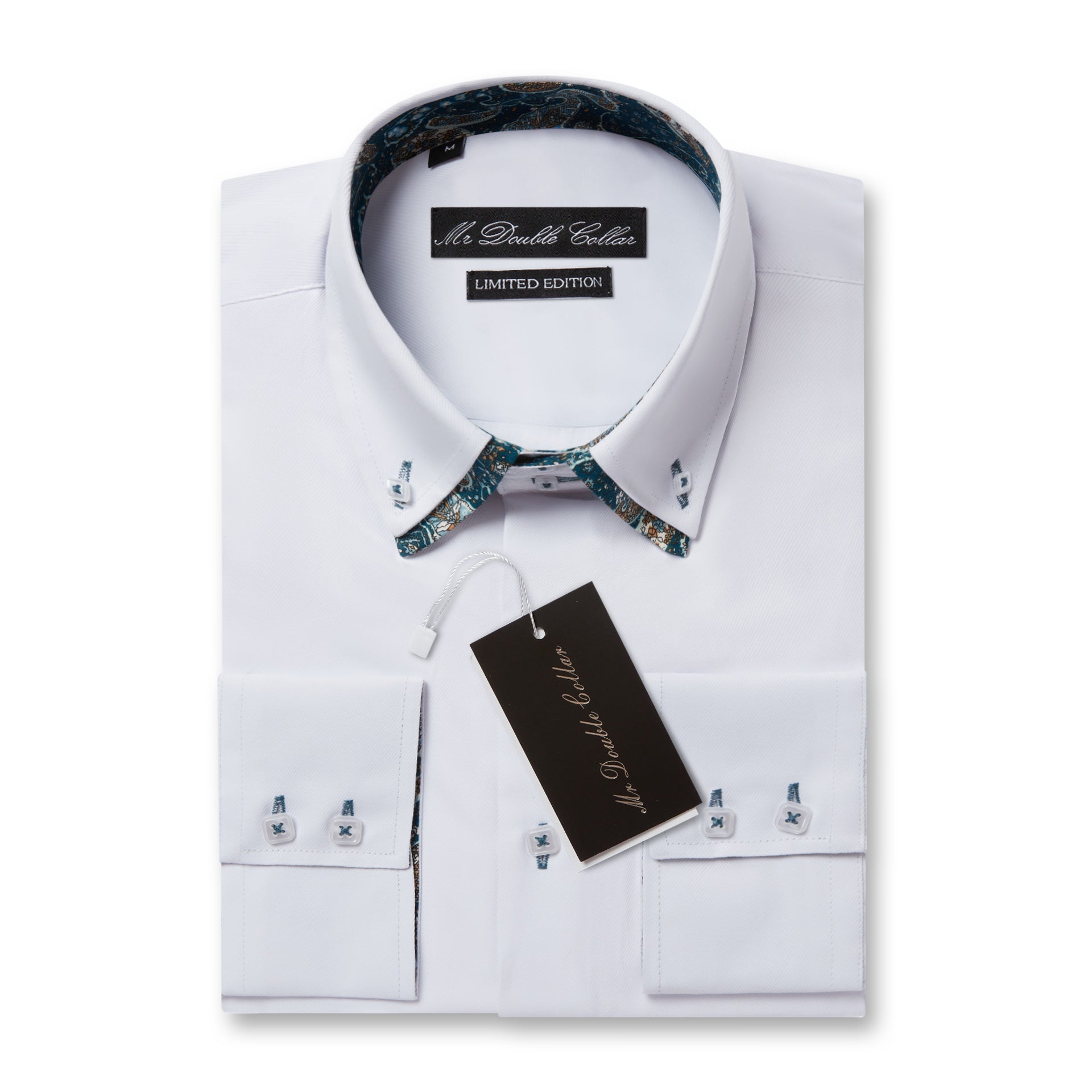 Mens Italian Design White with Turquoise Floral Printed Collar Smart Button Down & Double Collar Longsleeve Shirt