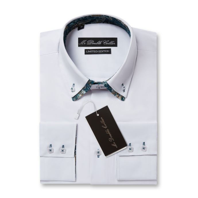 Mens Italian Design White Turquoise Floral Shirt Smart Casual Double Collar Longsleeve