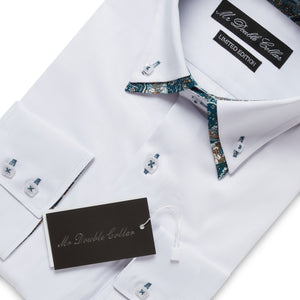 Mens Italian Design White Turquoise Floral Shirt Smart Casual Double Collar Longsleeve